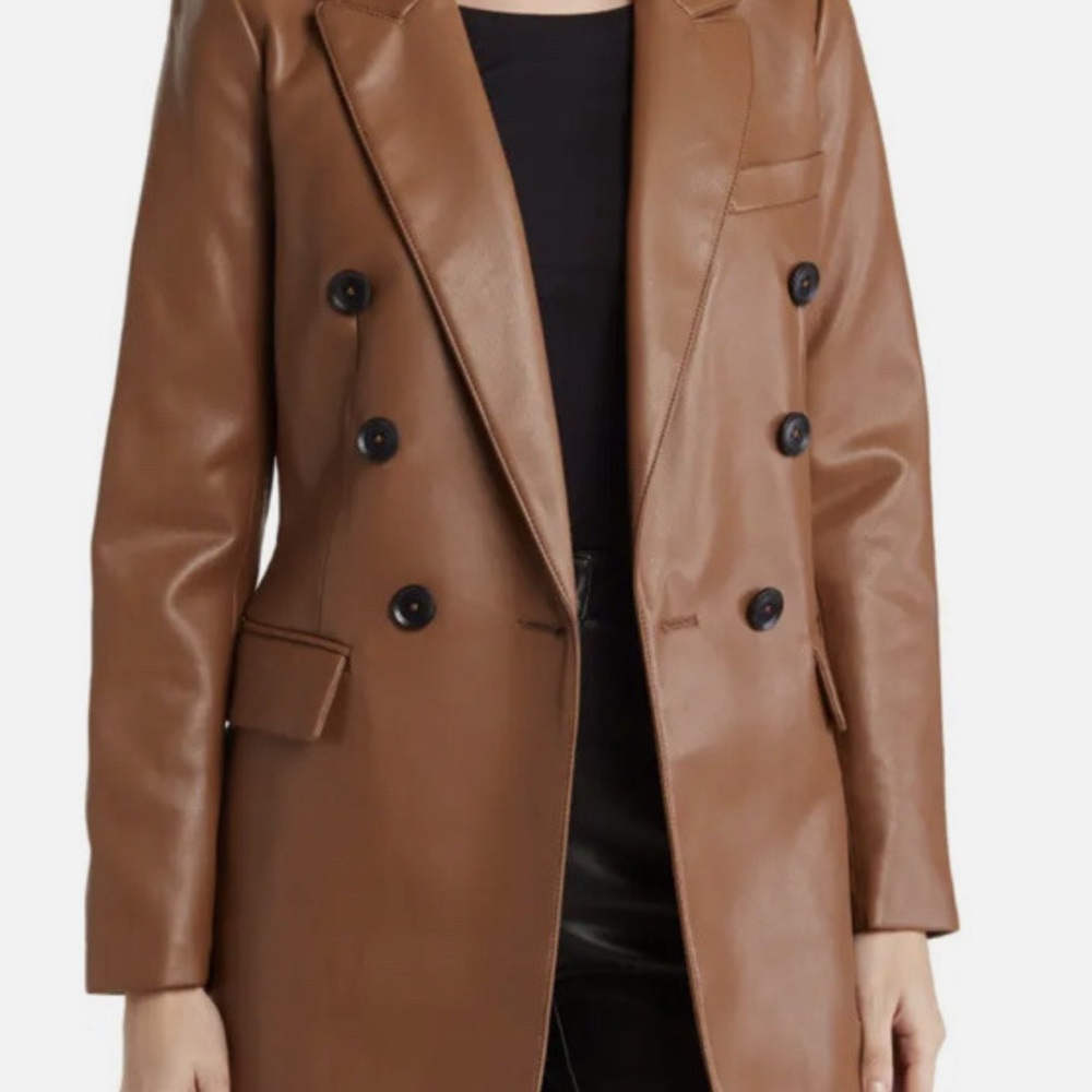BCBGMaxAzria Tan Double-Breasted Faux Leather Blazer